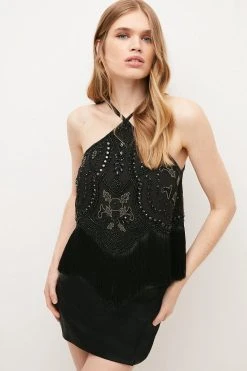 Karen Millen Fringed Beaded Halter Top