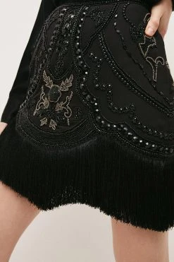 Karen Millen Fringed Beaded Mini Skirt -Karen Millen shop black fringed beaded mini skirt 2