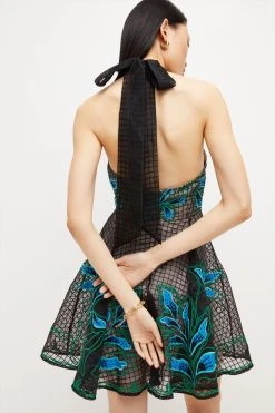 Karen Millen Geo And Floral Applique Organdie Mini Dress -Karen Millen shop black geo and floral applique organdie mini dress 4