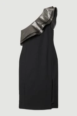 Karen Millen Geo Jacquard Contrast Ruffle Pencil Midi Dress -Karen Millen shop black geo jacquard contrast ruffle pencil midi dress 2