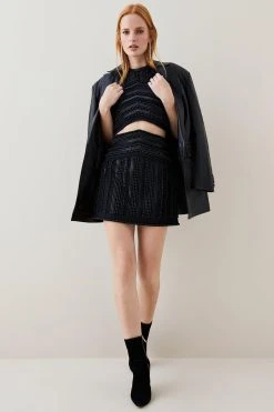 Karen Millen Geometric Beaded Armour Woven Mini Skirt -Karen Millen shop black geometric beaded armour woven mini skirt 1