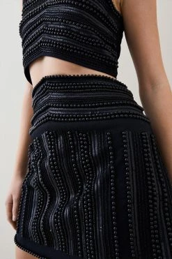 Karen Millen Geometric Beaded Armour Woven Mini Skirt -Karen Millen shop black geometric beaded armour woven mini skirt 2