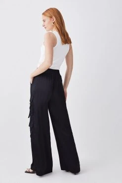 Karen Millen High Waisted Wide Leg Satin Cargo Trouser