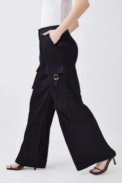 Karen Millen High Waisted Wide Leg Satin Cargo Trouser -Karen Millen shop black high waisted wide leg satin cargo trouser 4