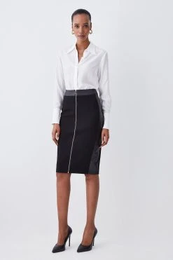 Karen Millen High Waisted Zip Through Ponte And Pu Midi Pencil Skirt -Karen Millen shop black high waisted zip through ponte and pu midi pencil skirt 2