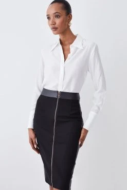 Karen Millen High Waisted Zip Through Ponte And Pu Midi Pencil Skirt -Karen Millen shop black high waisted zip through ponte and pu midi pencil skirt 3