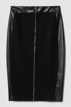 Karen Millen High Waisted Zip Through Ponte And Pu Midi Pencil Skirt -Karen Millen shop black high waisted zip through ponte and pu midi pencil skirt 4