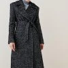 Karen Millen Italian Herringbone Wool Belted Trench Coat -Karen Millen shop black italian herringbone wool belted trench coat