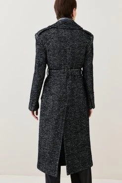 Karen Millen Italian Herringbone Wool Belted Trench Coat -Karen Millen shop black italian herringbone wool belted trench coat 3