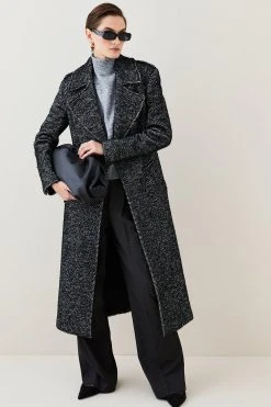 Karen Millen Italian Herringbone Wool Belted Trench Coat -Karen Millen shop black italian herringbone wool belted trench coat 4