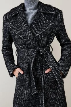 Karen Millen Italian Herringbone Wool Belted Trench Coat -Karen Millen shop black italian herringbone wool belted trench coat 5