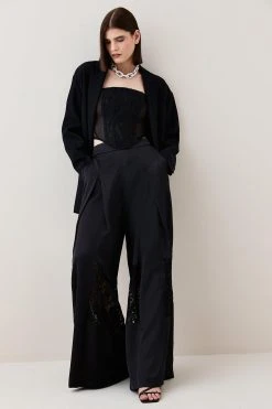 Karen Millen Italian Lace & Satin Panel Wide Leg Trouser