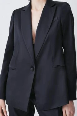 Karen Millen Italian Structured Satin Tailored Single Breasted Jacket -Karen Millen shop black italian structured satin tailored single breasted jacket 1