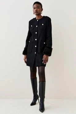Karen Millen Italian Virgin Wool Faux Fur Cuff Midi Coat -Karen Millen shop black italian virgin wool faux fur cuff midi coat 1 1
