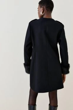 Karen Millen Italian Virgin Wool Faux Fur Cuff Midi Coat -Karen Millen shop black italian virgin wool faux fur cuff midi coat 1 3