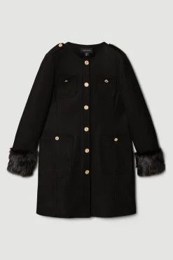 Karen Millen Italian Virgin Wool Faux Fur Cuff Midi Coat -Karen Millen shop black italian virgin wool faux fur cuff midi coat 1 5