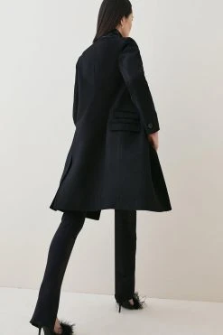 Karen Millen Italian Virgin Wool Faux Leather Contrast Double Breasted Coat -Karen Millen shop black italian virgin wool faux leather contrast double breasted coat 1 4