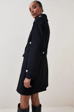 Karen Millen Italian Virgin Wool Military Button Midi Coat -Karen Millen shop black italian virgin wool military button midi coat 1 2