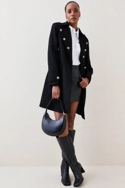 Karen Millen Italian Virgin Wool Military Button Midi Coat -Karen Millen shop black italian virgin wool military button midi coat 1 4