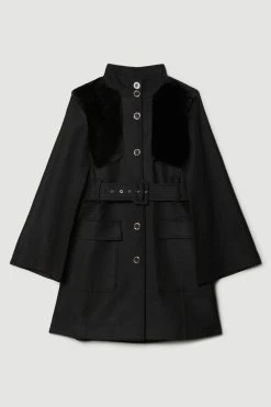 Karen Millen Italian Virgin Wool Shearling Mix Belted Cape -Karen Millen shop black italian virgin wool shearling mix belted cape 1 3