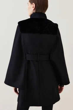 Karen Millen Italian Virgin Wool Shearling Mix Belted Cape -Karen Millen shop black italian virgin wool shearling mix belted cape 1 4