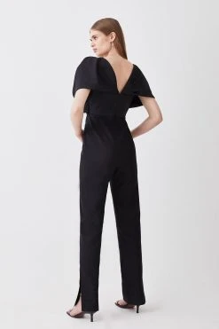 Karen Millen Italian Wool Blend Satin Couture Draped Jumpsuit -Karen Millen shop black italian wool blend satin couture draped jumpsuit 1 3
