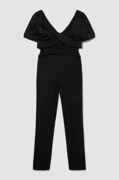 Karen Millen Italian Wool Blend Satin Couture Draped Jumpsuit -Karen Millen shop black italian wool blend satin couture draped jumpsuit 1 4