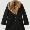 Karen Millen Italian Wool Mix Faux Fur Collar Short Coat -Karen Millen shop black italian wool mix faux fur collar short coat