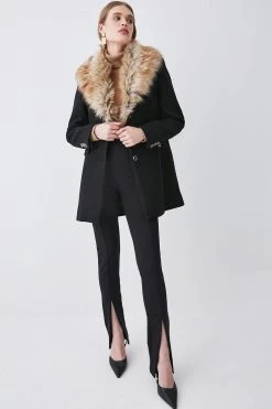 Karen Millen Italian Wool Mix Faux Fur Collar Short Coat -Karen Millen shop black italian wool mix faux fur collar short coat 2