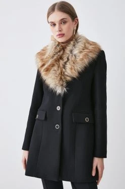Karen Millen Italian Wool Mix Faux Fur Collar Short Coat -Karen Millen shop black italian wool mix faux fur collar short coat 5