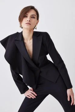 Karen Millen Italian Wool Satin Statement Ruffle Tailored Jacket -Karen Millen shop black italian wool satin statement ruffle tailored jacket 1 1