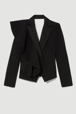 Karen Millen Italian Wool Satin Statement Ruffle Tailored Jacket -Karen Millen shop black italian wool satin statement ruffle tailored jacket 1 2