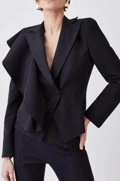 Karen Millen Italian Wool Satin Statement Ruffle Tailored Jacket -Karen Millen shop black italian wool satin statement ruffle tailored jacket 1 5