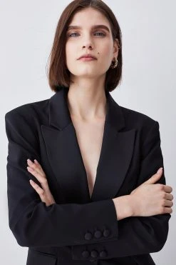 Karen Millen Italian Wool Satin Tailored Single Breasted Tux Jacket -Karen Millen shop black italian wool satin tailored single breasted tux jacket 1 1