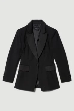 Karen Millen Italian Wool Satin Tailored Single Breasted Tux Jacket -Karen Millen shop black italian wool satin tailored single breasted tux jacket 1 2