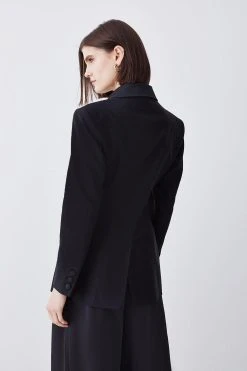 Karen Millen Italian Wool Satin Tailored Single Breasted Tux Jacket -Karen Millen shop black italian wool satin tailored single breasted tux jacket 1 3