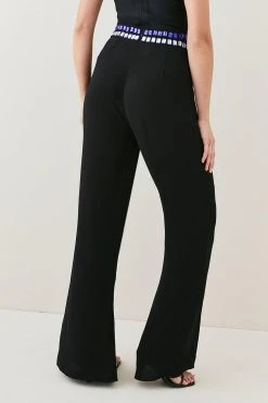 Karen Millen Jewelled Detail Split Hem Woven Trouser -Karen Millen shop black jewelled detail split hem woven trouser 2