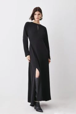 Karen Millen Keyhole Crepe Soft Tailored Split Detail Maxi Dress -Karen Millen shop black keyhole crepe soft tailored split detail maxi dress 2