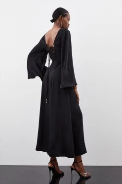 Karen Millen Kimono Sleeve Woven High Low Maxi Dress -Karen Millen shop black kimono sleeve woven high low maxi dress 1 3