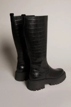 Karen Millen Knee High Croc Leather Flat Boot -Karen Millen shop black knee high croc leather flat boot 2