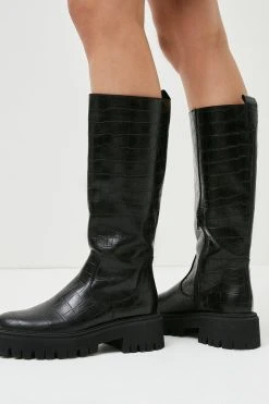 Karen Millen Knee High Croc Leather Flat Boot -Karen Millen shop black knee high croc leather flat boot 4