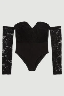 Karen Millen Lace Plunge Ponte Long Sleeve Bodysuit -Karen Millen shop black lace plunge ponte long sleeve bodysuit 2