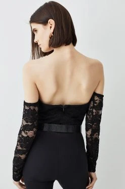 Karen Millen Lace Plunge Ponte Long Sleeve Bodysuit -Karen Millen shop black lace plunge ponte long sleeve bodysuit 3