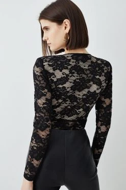 Karen Millen Lace V Neck Long Sleeve Bodysuit