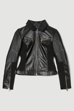 Karen Millen Leather And Ponte Biker Jacket 10 Karen Millen Leather And Ponte Biker Jacket -Karen Millen shop black leather and ponte biker jacket 1 2