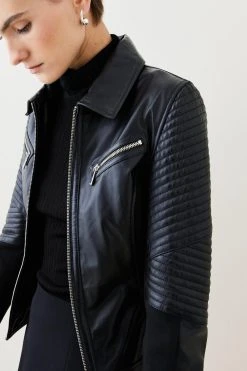 Karen Millen Leather And Ponte Biker Jacket 11 Karen Millen Leather And Ponte Biker Jacket -Karen Millen shop black leather and ponte biker jacket 1 3