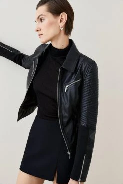 Karen Millen Leather And Ponte Biker Jacket 12 Karen Millen Leather And Ponte Biker Jacket -Karen Millen shop black leather and ponte biker jacket 1 4