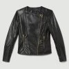 Karen Millen Leather Asymmetric Zip Through Collarless Biker Jacket -Karen Millen shop black leather asymmetric zip through collarless biker jacket