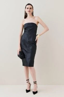 Karen Millen Leather Bandeau Pencil Midi Dress -Karen Millen shop black leather bandeau pencil midi dress 2
