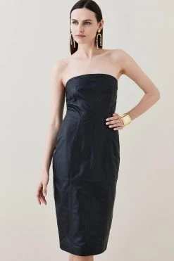 Karen Millen Leather Bandeau Pencil Midi Dress -Karen Millen shop black leather bandeau pencil midi dress 4